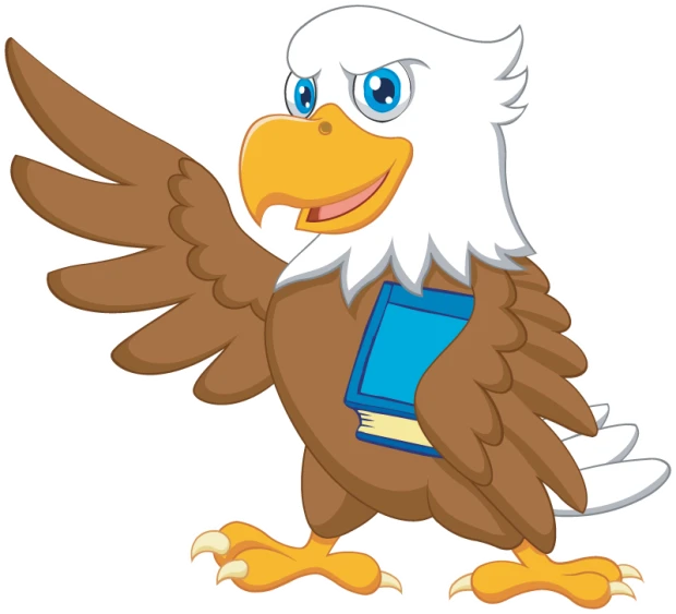The Edgewater Elementary Eagles mascot, a friendly eagle carrying a book