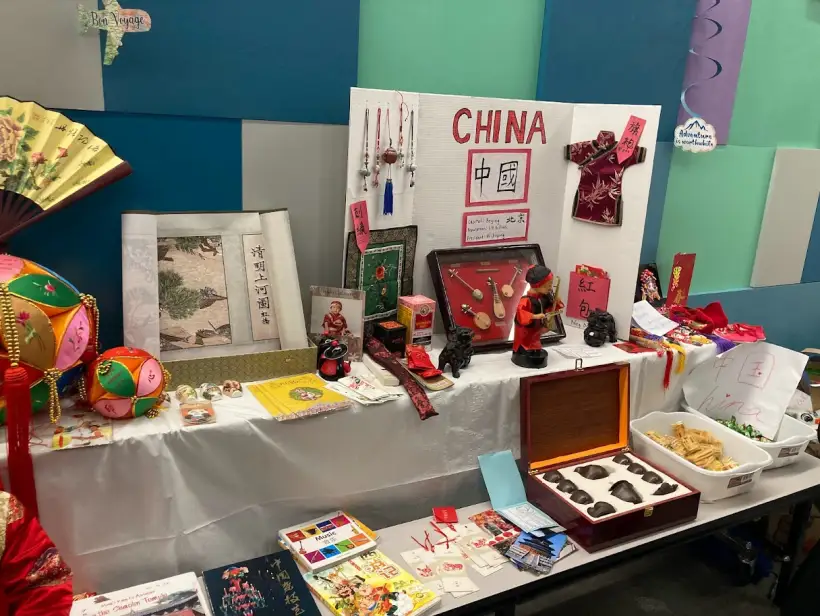 A student-built cultural display table for China at International Night