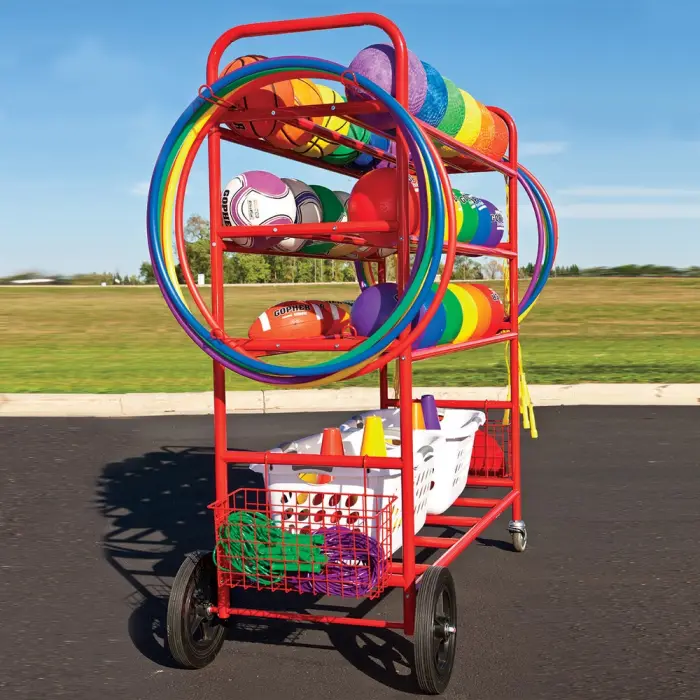 The Deluxe Recess Pack cart, loaded with hoops, playground balls, basketballs, footballs, soccer balls, cones and jump ropes, parked on a blacktop.